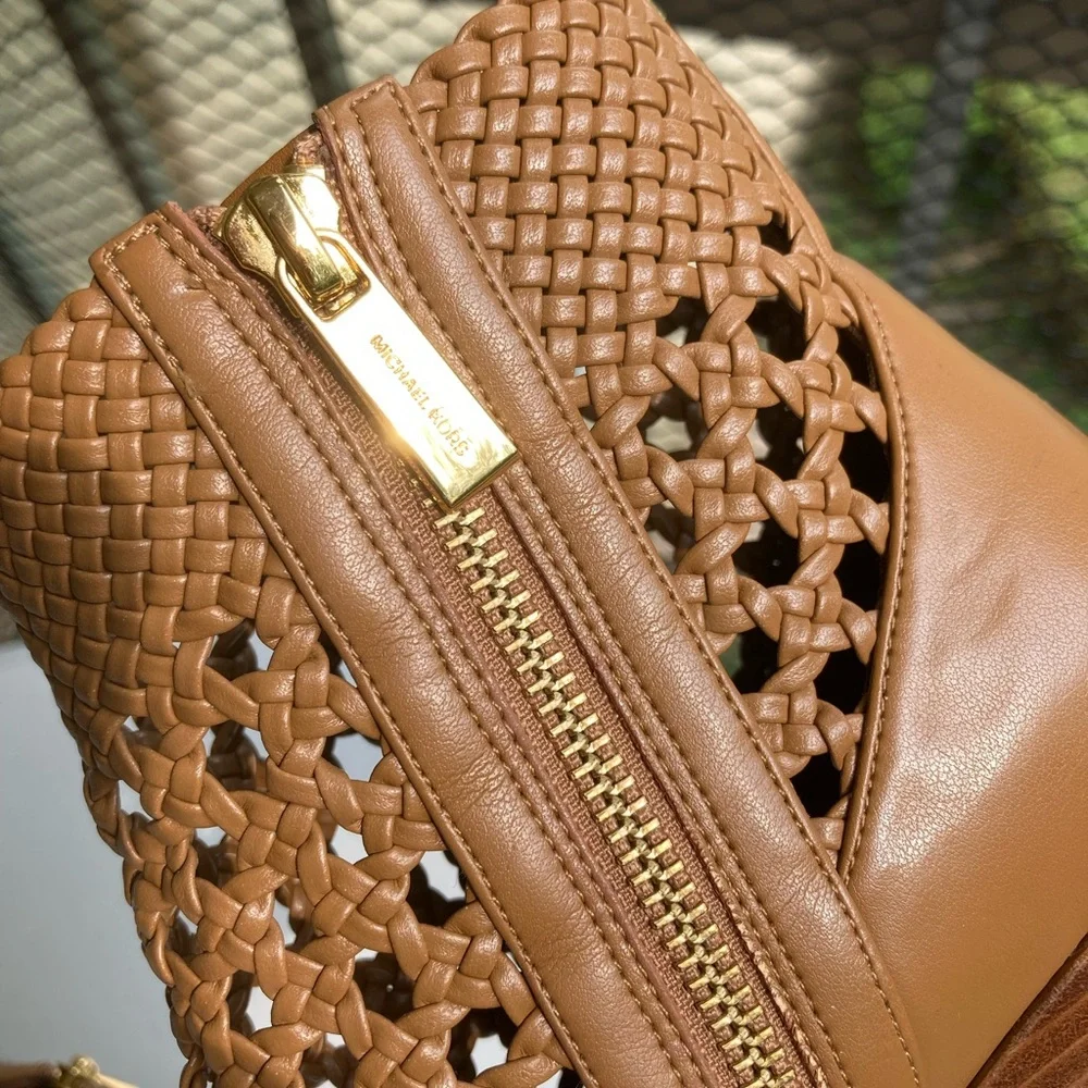 Michael Kors Augustine Tan Brown Woven Leather Ankle Bootie Western Style Boot